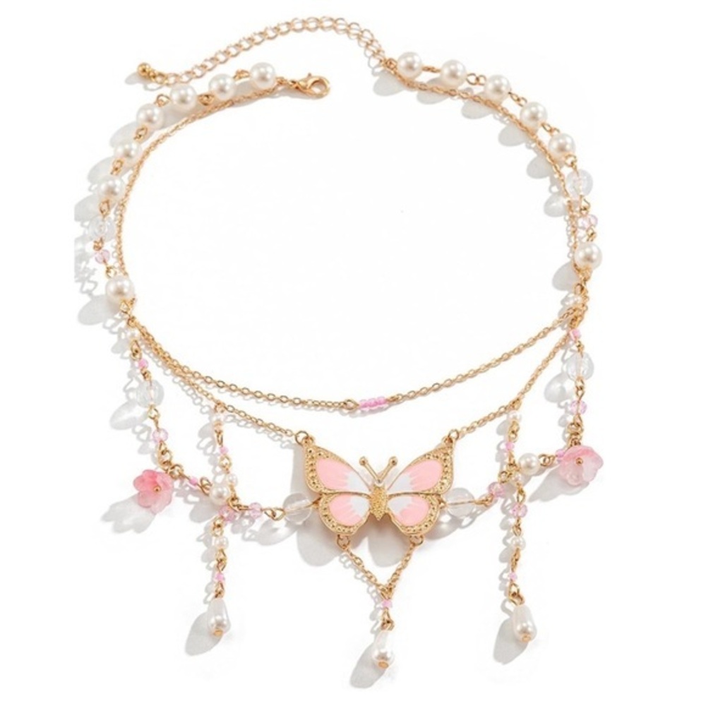 Elegant Gold and Pink Butterfly Necklace